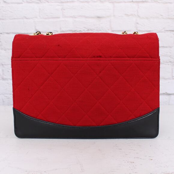 Chanel Double Chain Shoulder Bag Quilted Red Jersey Handbag Leather A4033 - Picture 5 of 12